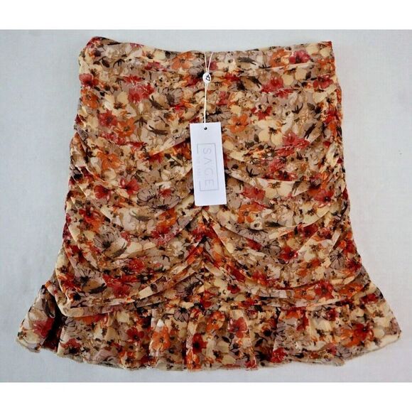 Sage The Label LD361833 Women Sz S Taupe Multi Floral Mesh Ruched Mini Skirt - Picture 1 of 9